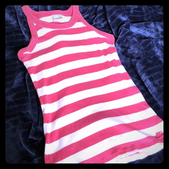 NIKE stripped ribbed training sporty Cotton Pink White Tank Top Sz M - Picture 1 of 7